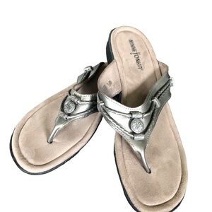 Minnetonka Silverthorne 360 Thong Aztec Sandal Sz 10 Silver-Tone Accents w/Beads